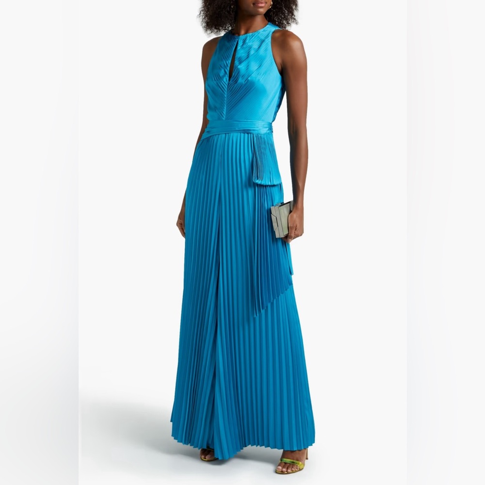 THEIA Satin Pleated Keyhole Jumpsuit